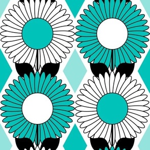 Modern Daisies and Diamonds // Turquoise Blue, Black and White // V1 // 571 DPI