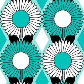 Modern Daisies and Diamonds // Turquoise Blue, Black and White // V2 //  857 DPI