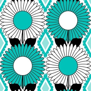 Modern Daisies and Diamonds // Turquoise Blue, Black and White // V3 // 571 DPI