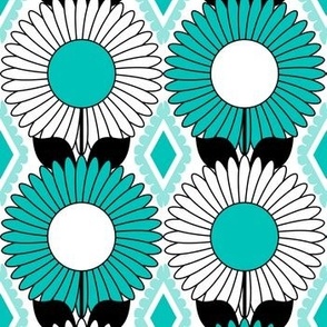 Modern Daisies and Diamonds // Turquoise Blue, Black and White // V4 // 857 DPI