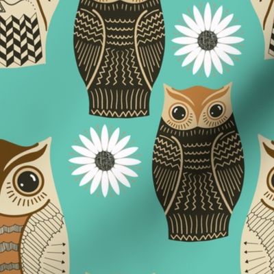 1970’s Throw: Wise Old Owls and Daisies on Turquoise by Brittanylane