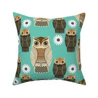 1970’s Throw: Wise Old Owls and Daisies on Turquoise by Brittanylane