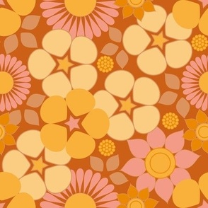 Boho Disco Floral / Thelma / Retro Hippie / Coral Orange / Medium