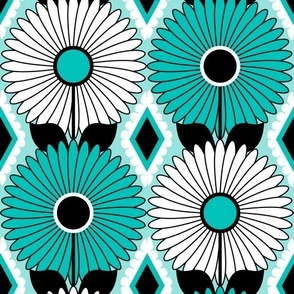 Modern Daisies and Diamonds // Turquoise Blue, Black and White // V5 // 571 DPI