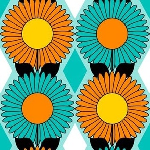 Modern Daisies and Diamonds // Turquoise Blue, Orange, Yellow, Black and White // V2 // 857 DPI