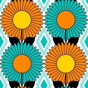 Modern Daisies and Diamonds // Turquoise Blue, Orange, Yellow, Black and White // V4 // 857 DPI