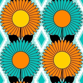 Modern Daisies and Diamonds // Turquoise Blue, Orange, Yellow, Black and White // V5 // 571 DPI