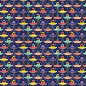 Intergalactic Cats Micro- Vintage 80s Arcade- Space Cat- UFO- Multicolored with Navy Blue Background- Small Scale- Kid's- Geek- Novelty Children