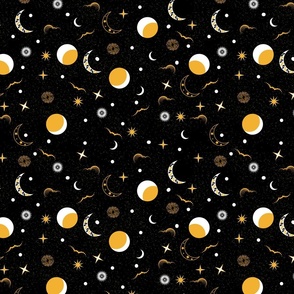 Mystical Galaxy- Sun Moon Stars- Black and Gold- Regular Scale