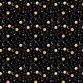 Mystical Galaxy- Sun Moon Stars- Black and Gold- Small Scale