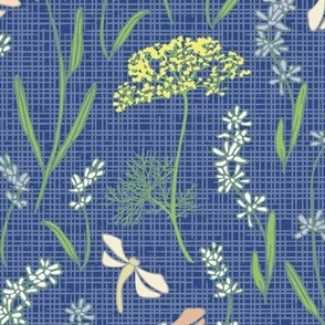 Dragonflies, Lavender and Dill on Blue Crosshatch - large scale