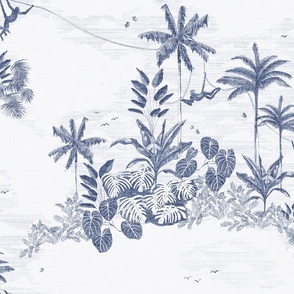 vintage sketchy tropical jungle toile de jouy - slate blue - large