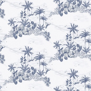 vintage sketchy tropical jungle toile de jouy - slate blue - medium