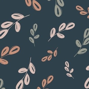 Leafy print, hand drawn leaves, navy blue background