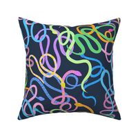 Colourful hissterical snakes on navy blue