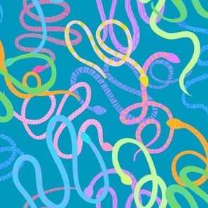 Colourful hissterical snakes on teal