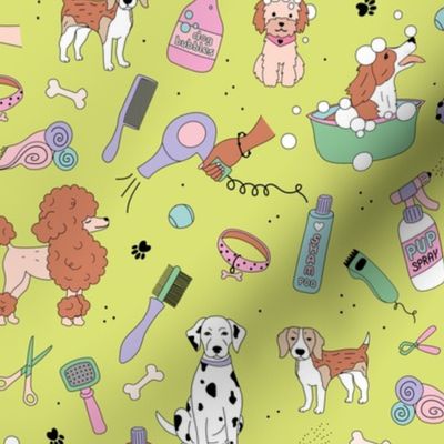 Dog day at the spa puppy grooming business supplies with bubbles shampoo and pup beauty equipment bright lime green yellow