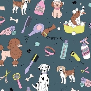 Dog day at the spa puppy grooming business supplies with bubbles shampoo and pup beauty equipment bright pastels and moody night blue 