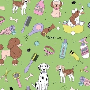 Dog day at the spa puppy grooming business supplies with bubbles shampoo and pup beauty equipment bright lilac pink on apple green
