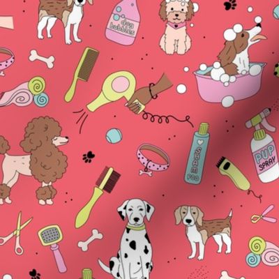 Dog day at the spa puppy grooming business supplies with bubbles shampoo and pup beauty equipment bright coral red