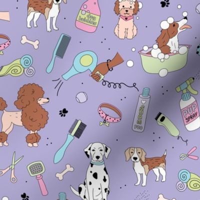 Dog day at the spa puppy grooming business supplies with bubbles shampoo and pup beauty equipment mint pink on lilac purple bright retro nineties palette