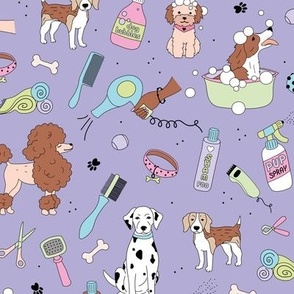 Dog day at the spa puppy grooming business supplies with bubbles shampoo and pup beauty equipment mint pink on lilac purple bright retro nineties palette