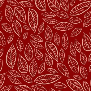 Leafy pattern, hand drawn leaves, retro red