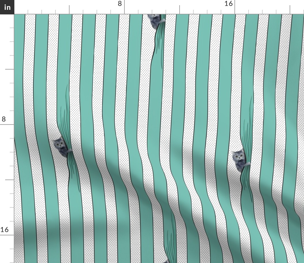 Quirky stripes with cats peeking around curtain, small dots in background - teal and white - large