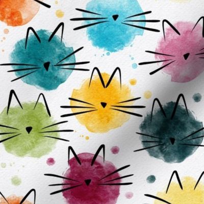 small scale cat - ellie cat - watercolor drops cat - bohemian colors - cute cat fabric and wallpaper