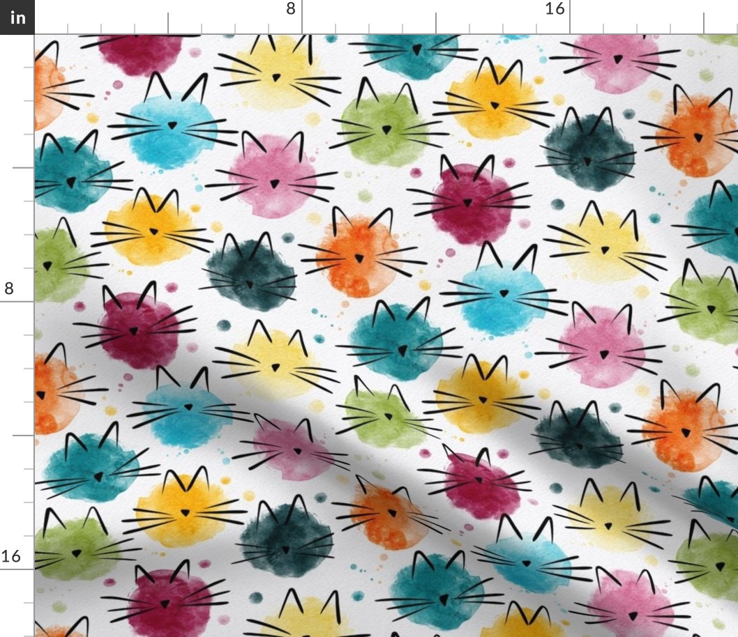 small scale cat - ellie cat - watercolor drops cat - bohemian colors - cute cat fabric and wallpaper