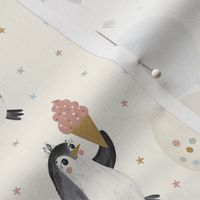 Cute penguins with ice creams and colorful stars. Ice cream party