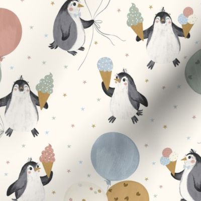 Cute penguins with ice creams and colorful stars. Ice cream party