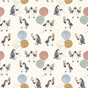 Cute penguins with ice creams and colorful stars. Ice cream party