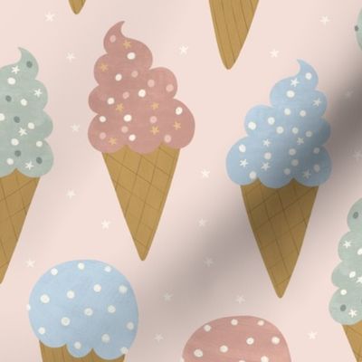 Colorful ice creams and stars on pink. Summer nursery