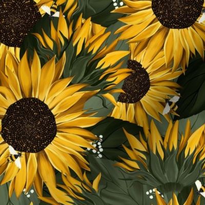 Yellow sunflowers with green leaves and bees