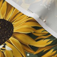 Yellow sunflowers with green leaves and bees