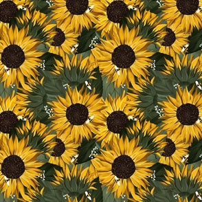 Yellow sunflowers with green leaves and bees