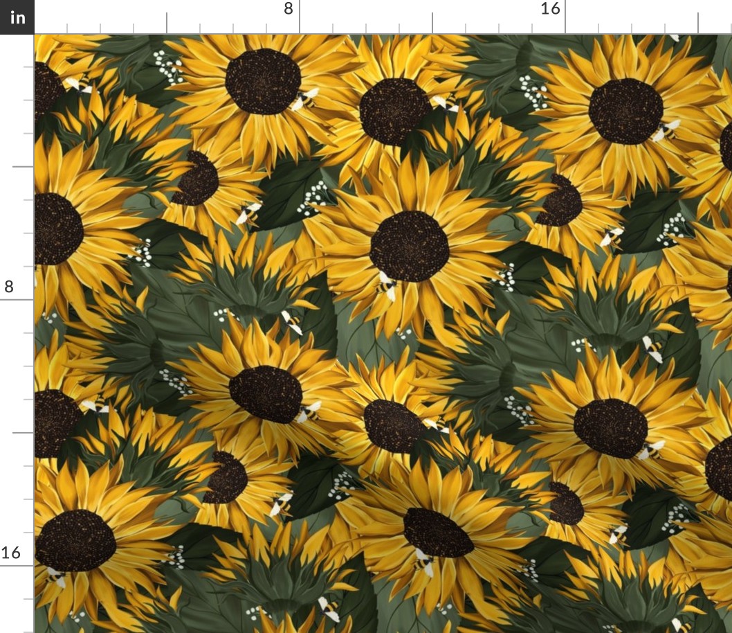 Yellow sunflowers with green leaves and bees