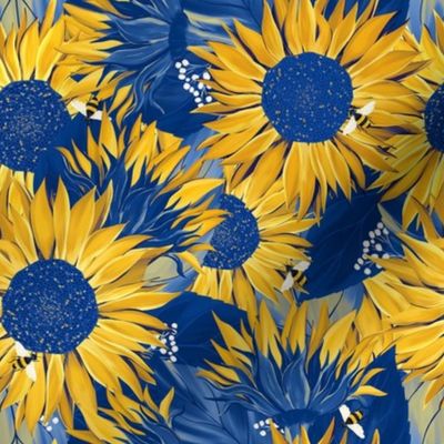 Sunflowers in blue and yellow with bees. Colors of Ukraine