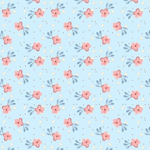 Small pink flowers on blue background. Unisex nursery. Small scale