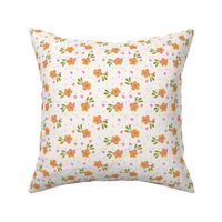 Small bright flowers with green leaves. Floral nursery pattern. Orange nursery