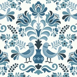 Hungarian Folk Birds Blue and White small scale