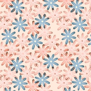 Simple pink and blue flowers on white. Egelant floral meadow on light pink