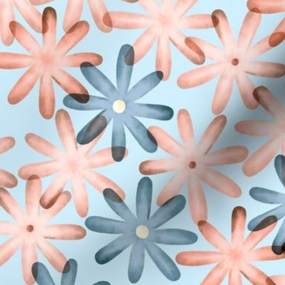 Simple pink and blue flowers on white. Egelant floral meadow on light blue