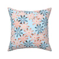 Simple pink and blue flowers on white. Egelant floral meadow on light blue