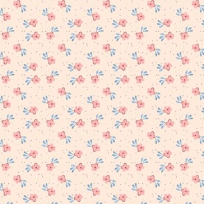 Small pink flowers with blue leaves. Romantic flora. Nursery pattern for girl