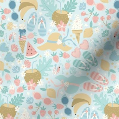 Summer beach attributes. Summer vacation pattern in pastel colors