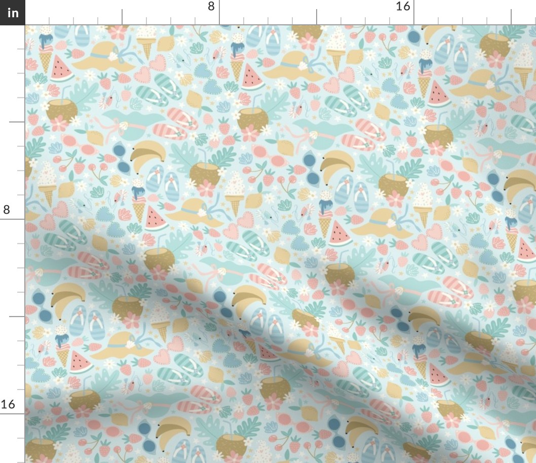 Summer beach attributes. Summer vacation pattern in pastel colors