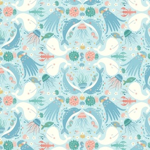 Cute sea creatures and seashells. An underwater world in pastel colors