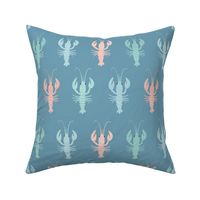 Colorful lobsters or crawfish on blue. Cute lobster pattern for kids. Big scale